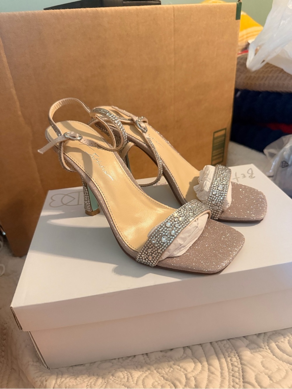 Betsy Johnson Women's Rhinestone Embellished Slingback Heels in Champagne